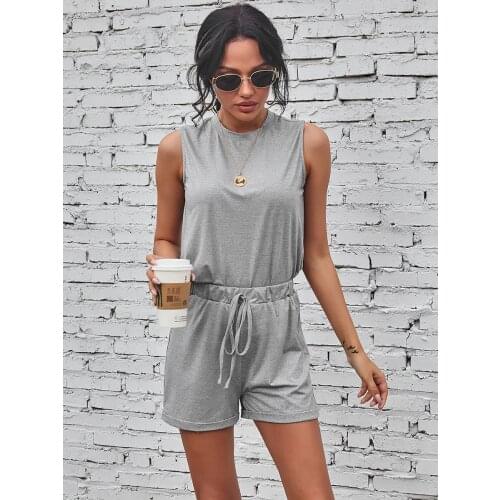Fashion Women Casual 2-Piece Outfit Set Sleeveless Solid Color Tops+Shorts Set for Ladies Female, Yoga Sport