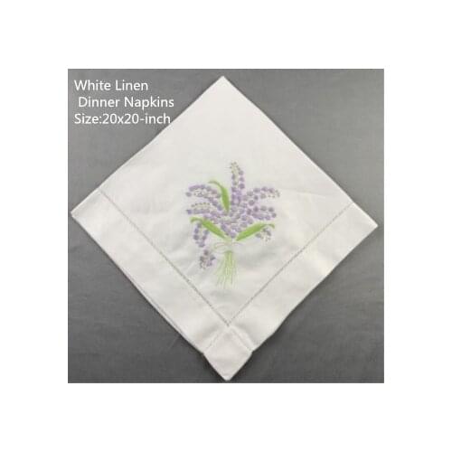Set of 12 Fshion Handkerchiefs White linen Hemstitched Table Napkin 20x20-inch Ladder Embroidery Flower Dinner Napkins