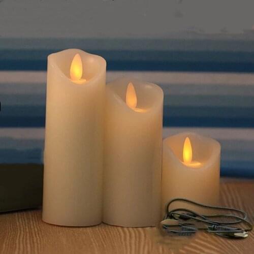 Set of 3 USB powered Rechargeable led pillar paraffin candle wavy edge moving wick Wedding Xmas Party bar decor 10CM-12.5CM-15CM