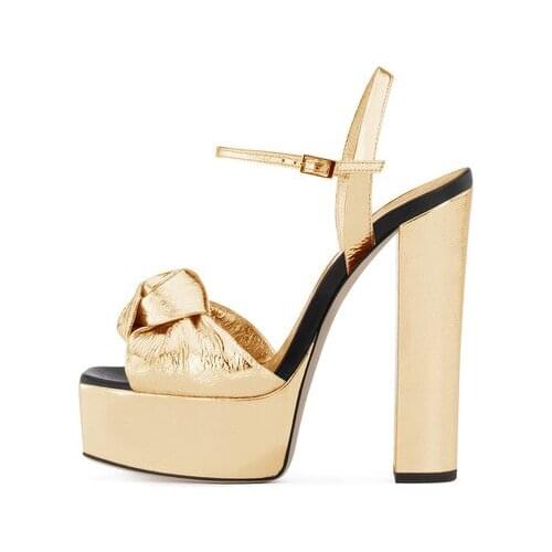 Sweet platform bridal wedding sandals chunky thick high heels ankle strap pumps gold bow girls birthday party prom dance shoes