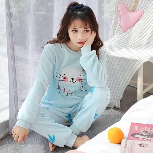 2020 Autumn Winter Women Pajamas Sets Coral Velvet Sleepwear Thick Warm Flannel Pijamas Long Sleeve Female Cartoon Pajamas Suit