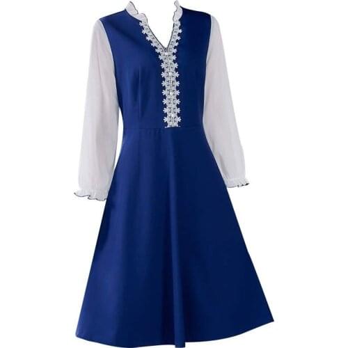 Elegant Splicing Vestido Festa Pastel V-neck Long Sleeve Dress Women A-line Splicing Spring Fall New Style Office midi Dress