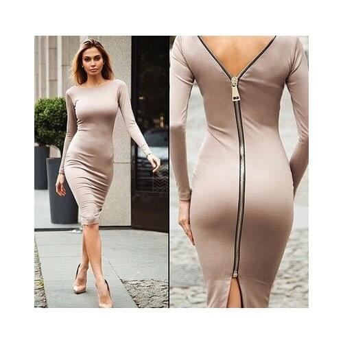 Spring And Summer Fashion Sexy Womens Solid Round Neck Long Sleeve Dress New Slim Zipper Womens Dress