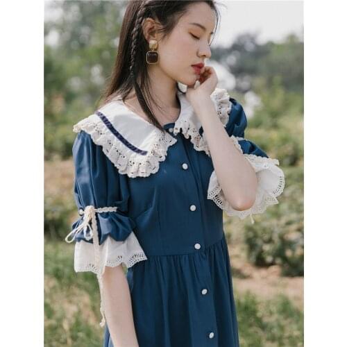 Vintage Women Blue Dress Sweet Peter Pan Collar Lace Flare Sleeve Long Maxi Dresses For Slim Lady Mori Girl Vestidos Faldas