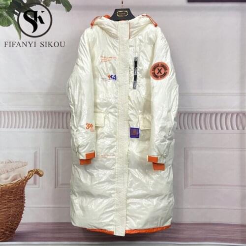90% White duck down Coat Women Winter Jacket Thick Warm Parka Hooded Fashion Print Long Down Jacket Lady Loose Winter Coats