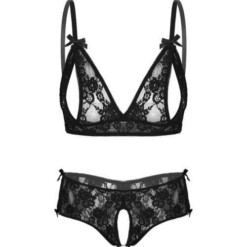 Womens Sexy Nightwear Sleepwear Erotic Lingerie Non Padded Embroidered Lace Hot Bra Unlined Side Split Underwear with Bowknot