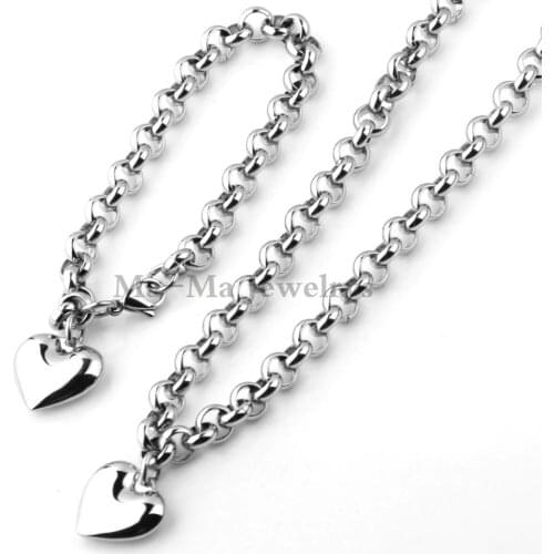 Fashion Heart Pendant Necklace Womens Stainless Steel Jewelry Set Oval Chain Necklace + Bracelet Set