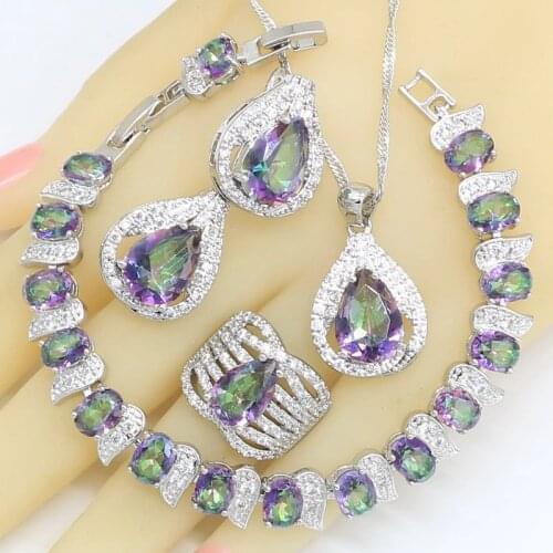 925 Silver Color Jewelry Sets For Women Multicolor Rainbow Zircon Bracelet Hoop Earrings Rings Necklace Pendant Wedding Gift Box