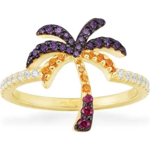 High Quality Real 925 Sterling Silver Gold Color Tropical Jungle Multicolor Palm Tree Ring Women Luxury Brand Jewelry