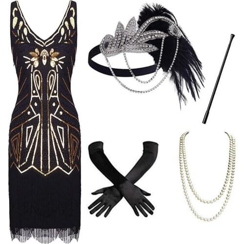 Womens 1920s Sequin Paisley Sleeveless Flapper Dress Sexy Fringe Great Gatsby Accessories Party Dresses Plus Size Tassel