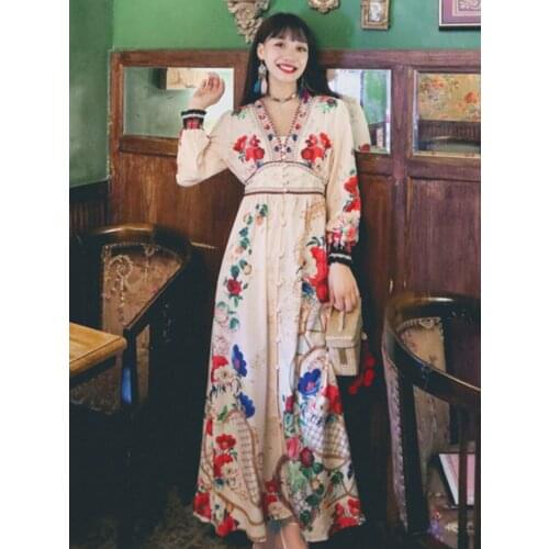 2021 Summer New Womens Retro Printed Flower Lantern Sleeve Long Dress Bohemia Travel Vacation Beach Wind Elastic Waist Dress