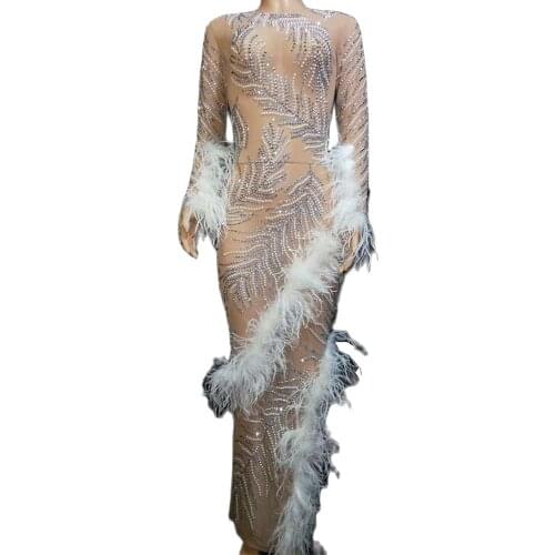 Long Sleeve White Feather Inlaid Shining Diamonds Women Dress Mesh Perspective Long Dresses Birthday Prom Bodycon Outfit