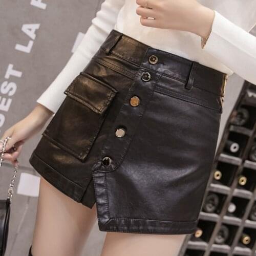 2020 PU Washed Short Skirt Fashion Wild High Waist Thin Shorts Western Irregular Corner Breasted Short Skirt