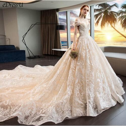 2020 Wedding Dress Boat Neck Lace Emboridery Bridal Dress Gorgeous Monarch Train Wedding Gown Corset Robe de Mairee OY-Y690