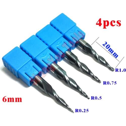 4PCS Assorted R0.25&0.5&0.75&1.0mm HRC55 Tungsten solid carbide Tapered Ball Nose End Mills and cone cutter