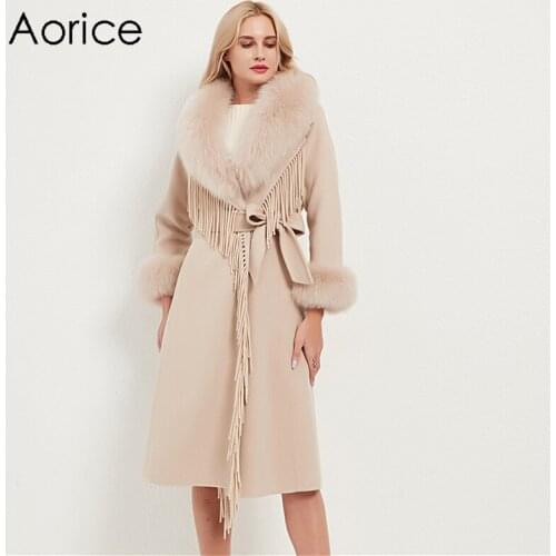 Aorice Women Real Fur Coat Jacket With Natural Fox Fur Collar Lady Female Girl Winter Blet X-long Trench Parka CT034