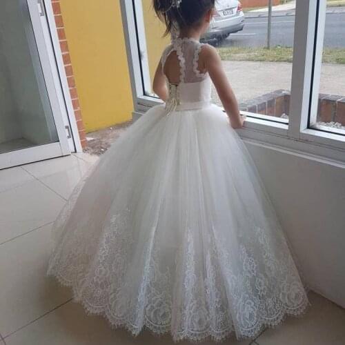 White ivory Flower Girls Dress Lace Appliques Tulle Floor Length Backless First Communion fluffy party Dresses