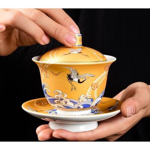 Auspicious Crane Tea Tureen 200ml Ceramic Cup Enamel Tea Bowl China Gaiwan Kung Fu Teaware Home Decoration Crafts Collection
