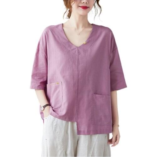 Women Cotton Linen Blouses Office Lady Oversize Plus Size Tops Red White Purple Half Sleeve 2021 Summer Korean Vintage Shirts