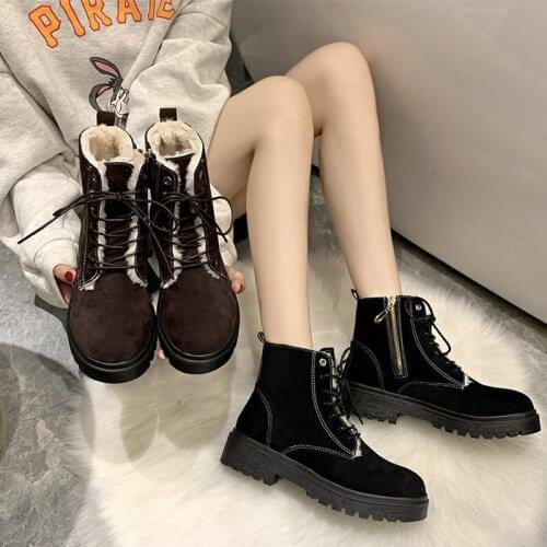 Women Ankle Boots Ladies Short Plush Zipper Lace Up Sewing Mid Heels Ladies Soft Warm Round Toe Fashion Style Female Footwear