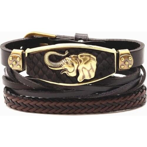3 Pcs/Set Bronze Elephant Lizard Wing Charm Beads Genuine Leather Men Bracelets Women Homme Casual Gift Jewelry