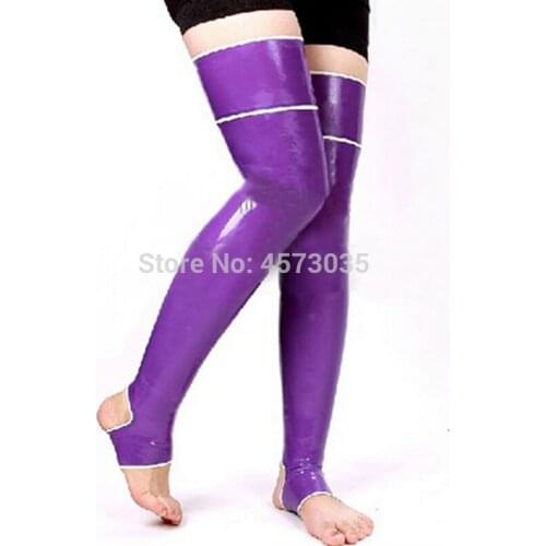 Exotic sexy lingerie women men unisex club handmade purple spliced white trim line latex foot stockings socks cekc zentai XS-XXL