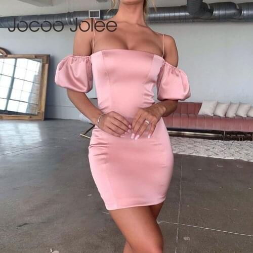 Jocoo Jolee Elegant Satin Bodycon Dress Sexy Short Puff Sleeve Off Shoulder Strap Slim Mini Dress Solid Party Night Club Dress