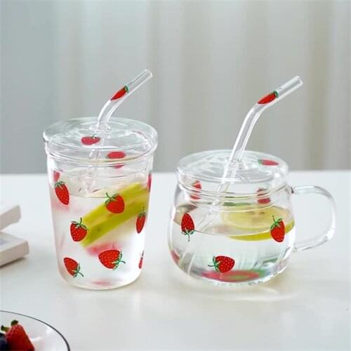 European Cute Strawberry Glass Coffee Mug With Straw Creative Heat Resistant Transparent Water Cup Household Milk Juice Cups