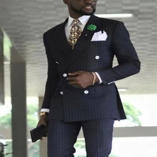 Classic Pinstripe Double Breasted Business Suits for Men Wedding Tuxedo with Peaked Lapel 2 Piece Male Costume Jacket+Pants