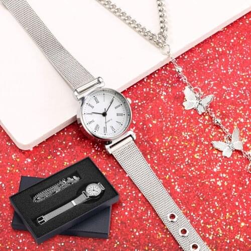 Elegant Women Bracelet Watch Set Silver Romen Digital Dial Quartz Watch Lady Chic Butterfly Hand Chain With Rings Gift for Wife
