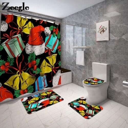 Christmas Style Bath Mat and Waterproof Shower Curtain Set Bathroom Decor Toilet Mat Anti-slip Floor Pad Bathroom Carpet Rug
