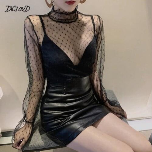 Lace Transparent T-shirt Women Sexy Solid Print Perspective Hollow Mesh Tops Female Korean Vintage Mesh T-shirt Summer