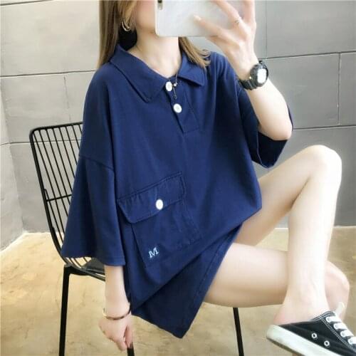 Summer new solid color polo collar T-shirt female short-sleeved loose pocket lapel top college style T-shirt