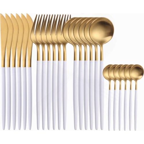Stainless Steel Tableware Western Cutlery Set 24 Pieces Kitchen Set Dinnerware Spoon Matte Fork Knife Dinner Set White and Gold
