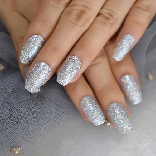 Holo Bling Silver Glitter Coffin False Nails Pre Designs Colorful Shiny Ballerina Fake Nail Flat Manicure Nails Tips 24pcs/set