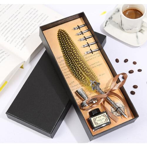 New Feather Pen Retro Writing Pen Personality Gift Box Packaging Stationery Set Alloy Pen Holder Stainless Steel Nib