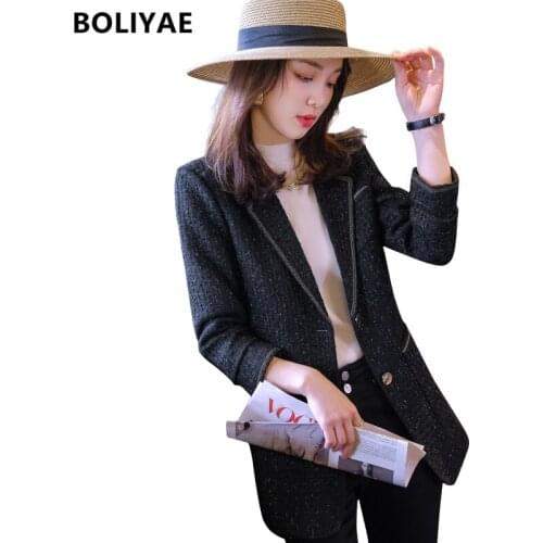 Boliyae 2021 Autumn and Winter New Blue Suit Coat Women Fashion Tweed Plaid Jacket Black Casual Office Long Sleeve Blazer Tops