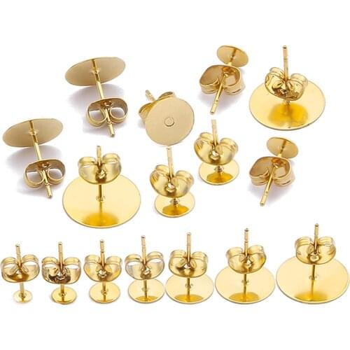 20-100pcs/lot Gold Stainless Steel Blank Post Earring Studs Base Pins With Earring Plug Findings Ear Back For DIY Jewelry Making