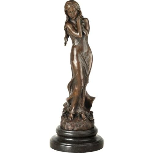 Thinking Graceful Young Woman Statue Bronze Material Marble Base Western Female Figurine Desktop Decor