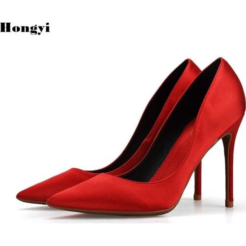 Hongyi 2018 Women Luxury Design 8cm High Heels Bridal Satin Pumps Ladies Pointed Toe Red Heels Female Shoes