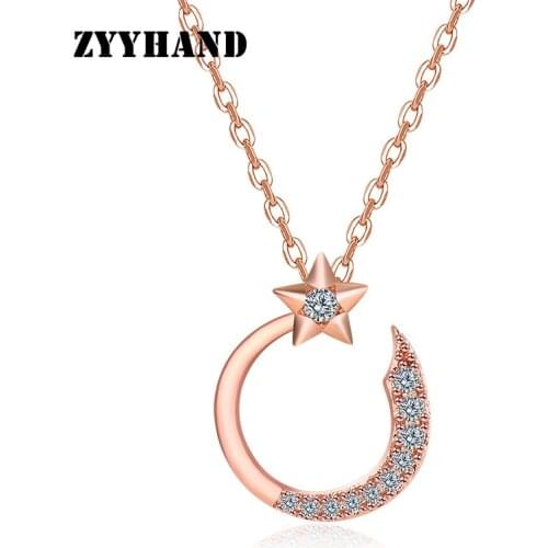 Rose-Gold Moon Star Women Pendant Necklace Girl Clean Stone AAA Zircon Lady Romantic Party Anniversary Cross Chain Neck Jewelry