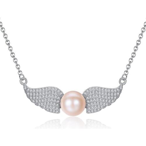 S925 Sterling Silver Angel Wings 9-9.5mm Freshwater Pearl Ladies Clavicle Chain