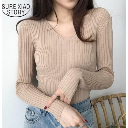 2020 Autumn and Winter New Sexy V-neck Knitted Long Sleeve Slim Warm Womens Sweaters Fashion Solid Pullover Sweater Women 10308