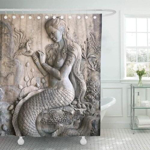 Yellow Paintings Mermaid Woman Stucco Decorative Bathroom Curtain