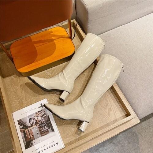 Western Boots Women Knee High Cowboy Boots Fashion Pointed Toe Sewing Shoes Female High Heels Thick Shoes Ladies Winter