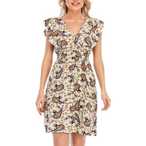 Women Summer Boho Dress Sleeveless V-Neck Printed Ruffles Midi Dress Bohemia Female Beach Party Dress Sundress Ladies Vestidos