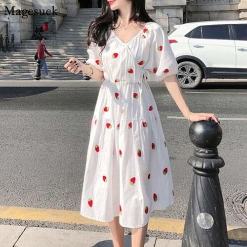 Strawberry Dress New Plus Size V-Neck White Women Summer Dress Lantern Sleeve Vintage Cotton Women Dresses 2021 Vestidos 9372