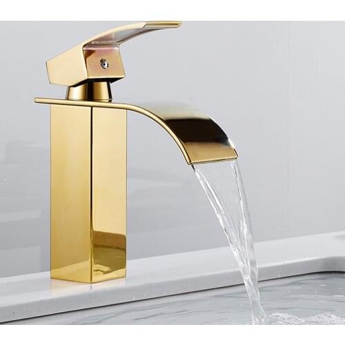 Golden Bathroom Basin Faucet Deck Mount Chrome Waterfall Bathroom Sink Faucet Sinks Mixer Tap Cold And Hot Water Mixer Tap