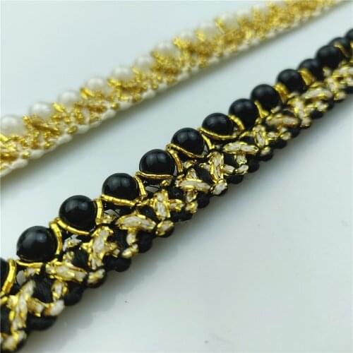 1Yards Vintage Pearl Beaded Lace Trim Tape Gold Ribbon African Lace Fabric Collar Dress Sewing Garment Headdress Materials