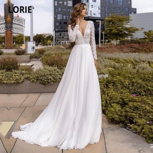 LORIE Bohemian Wedding Dresses Sexy V Neck Lace Long Sleeves Wedding Gown Chiffon Simple Backless Bridal Dress robe longue